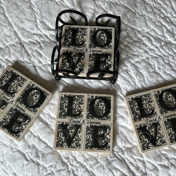 4 Love David & Vanessa Drink Marble Coasters 4" Holder Black White 2lbs 14oz - Picture 2 of 8